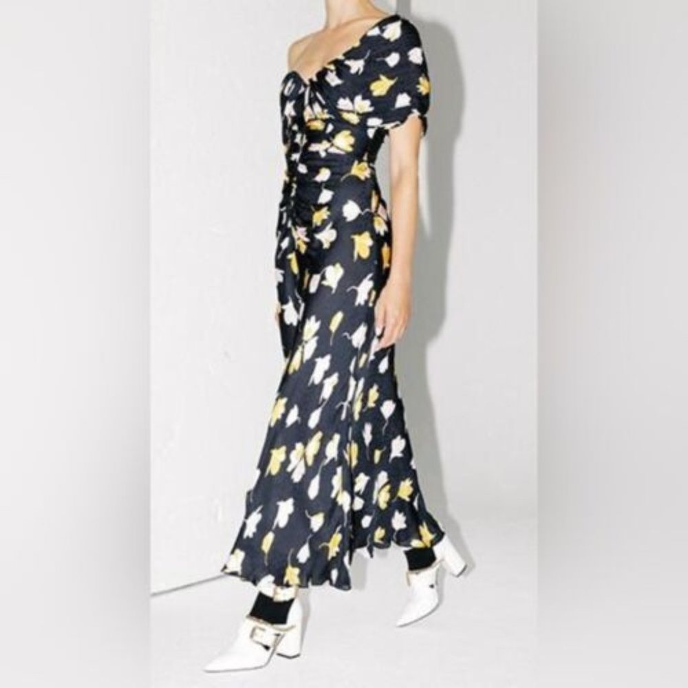 NWT Self-Portrait Jacquard Floral Maxi Dress Navy Ruched Bustier Size 4